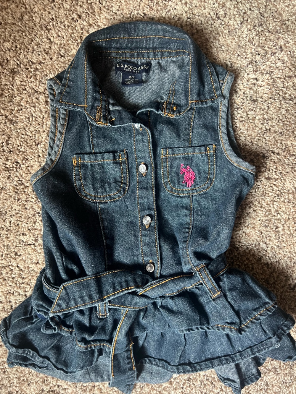 Y2K U.S. Polo Assn. Blue Denim Dress Tunic Pink Embroidered Logo Toddler 3T